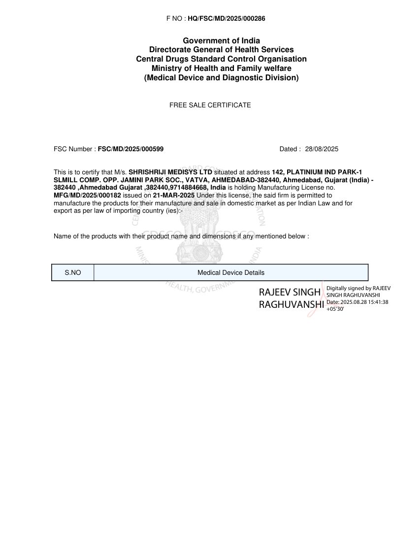 Free Sale Certificate (Implants) – Shrishriji Medisys Ltd