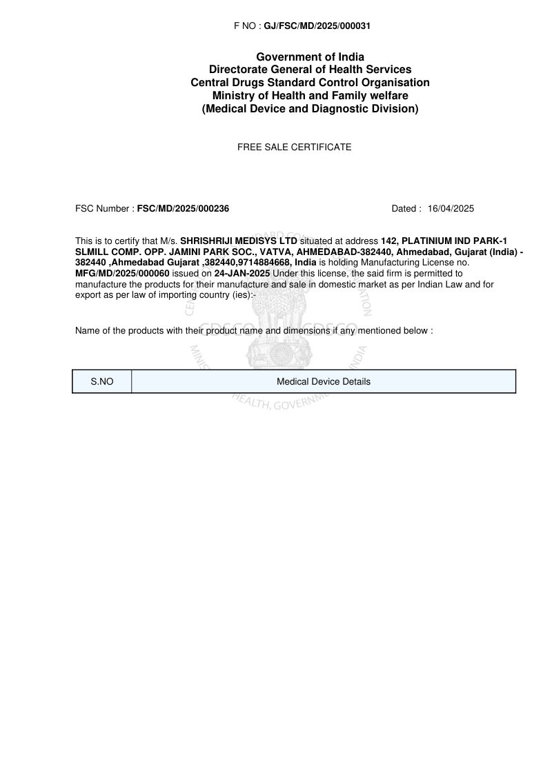 Free Sale Certificate (Instruments) – Shrishriji Medisys Ltd