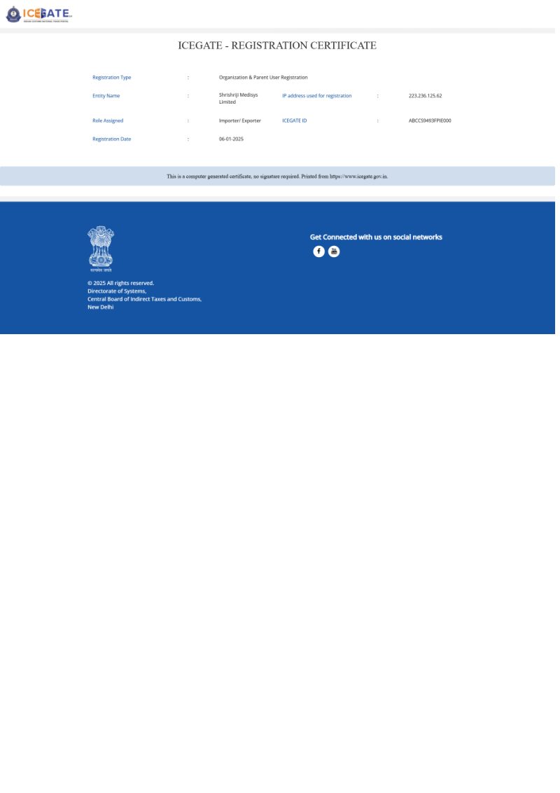 ICEGATE Registration Certificate – Shrishriji Medisys Ltd