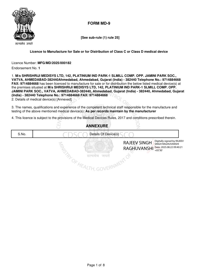 Manufacturing Licence, Form MD-9 (Implants) – Shrishriji Medisys Ltd