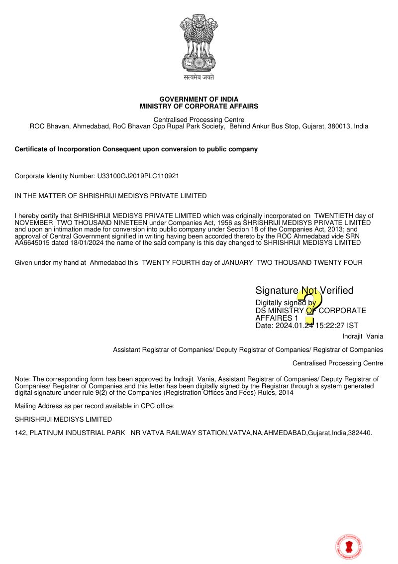 Certificate of Incorporation – Shrishriji Medisys Ltd