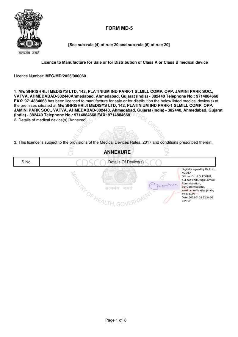 Manufacturing Licence, Form MD-5 (Instruments) – Shrishriji Medisys Ltd