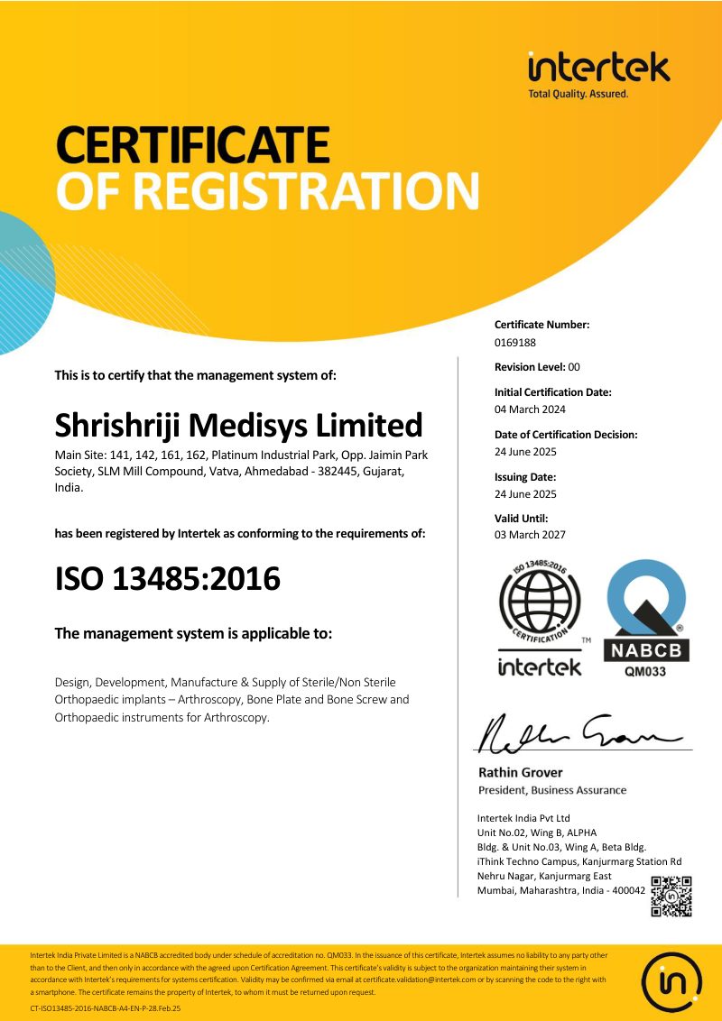 ISO 13485:2016 Certificate of Registration – Shrishriji Medisys Ltd