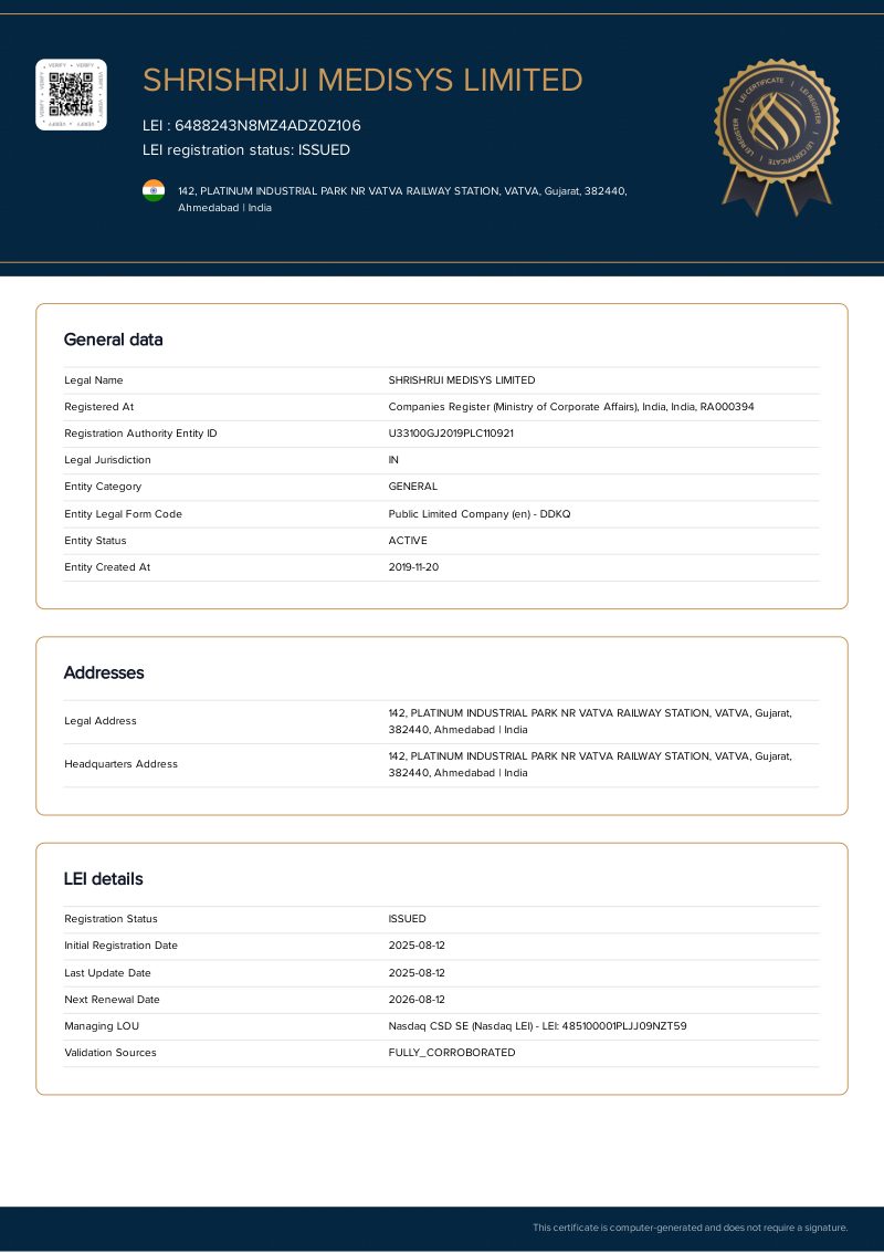 Legal Entity Identifier (LEI) Certificate – Shrishriji Medisys Ltd
