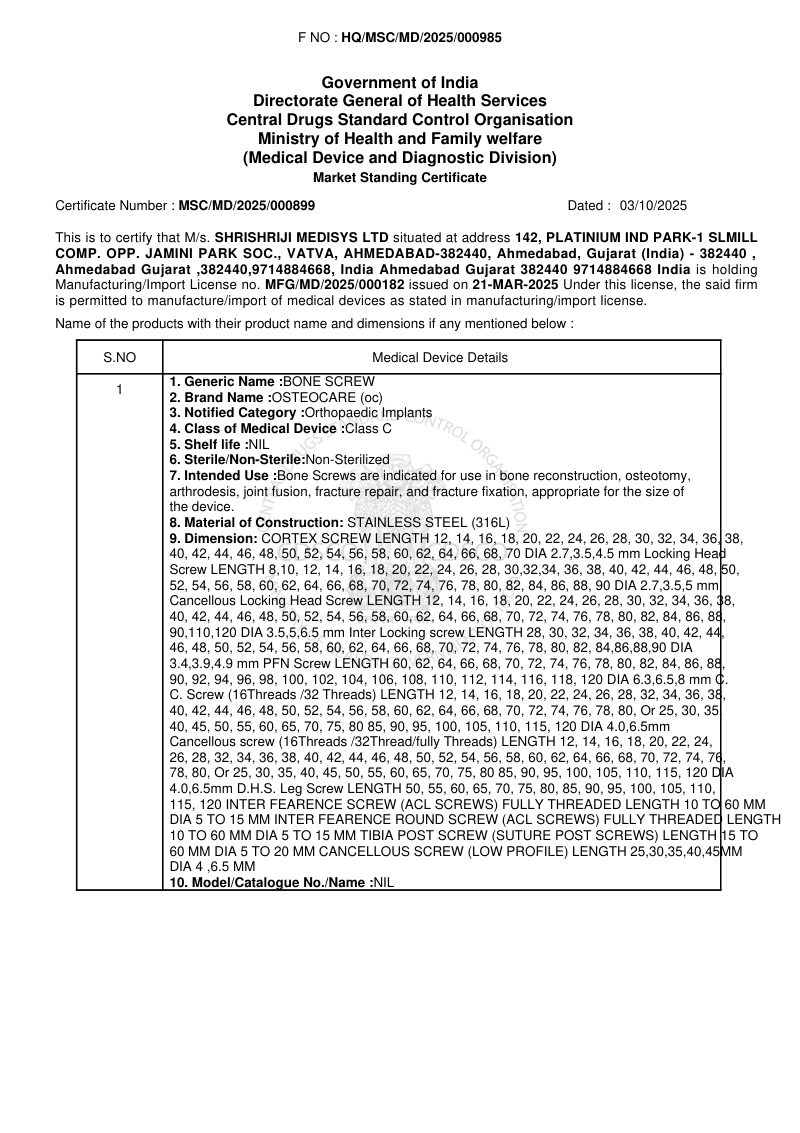 Market Standing Certificate (Implants) – Shrishriji Medisys Ltd