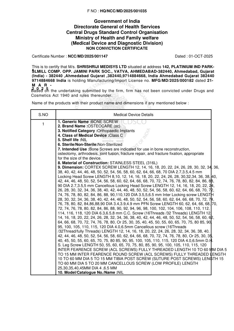 Non-Conviction Certificate (Implants) – Shrishriji Medisys Ltd