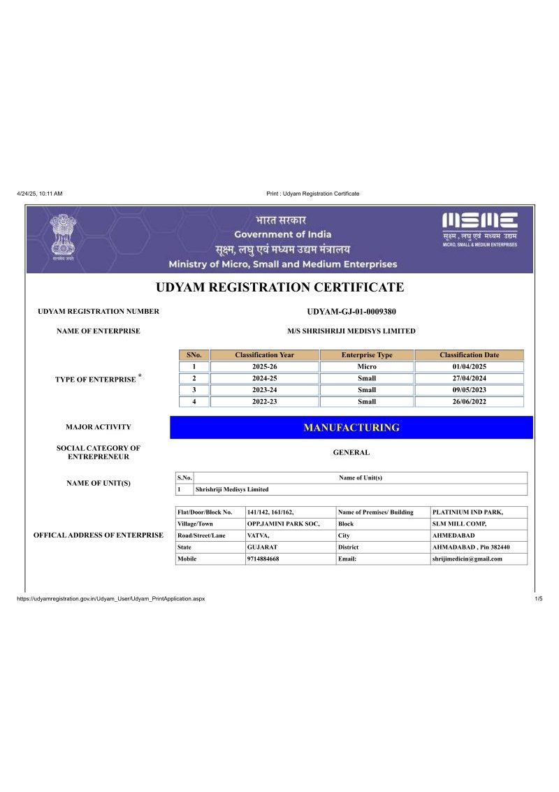UDYAM Registration Certificate – Shrishriji Medisys Ltd